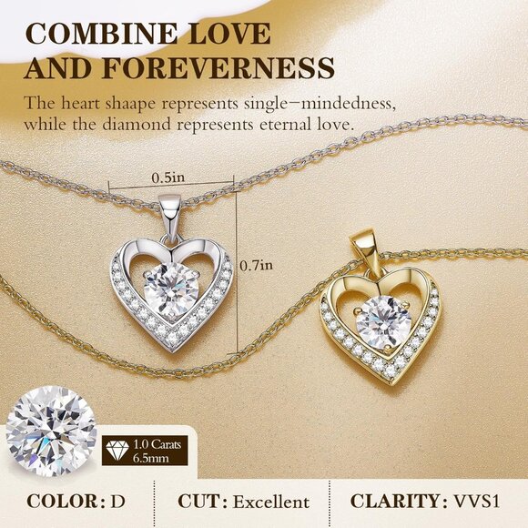 Women Moissanite Heart Pendant Necklace Sterling Silver 1ct Love Gift - Picture 2 of 7